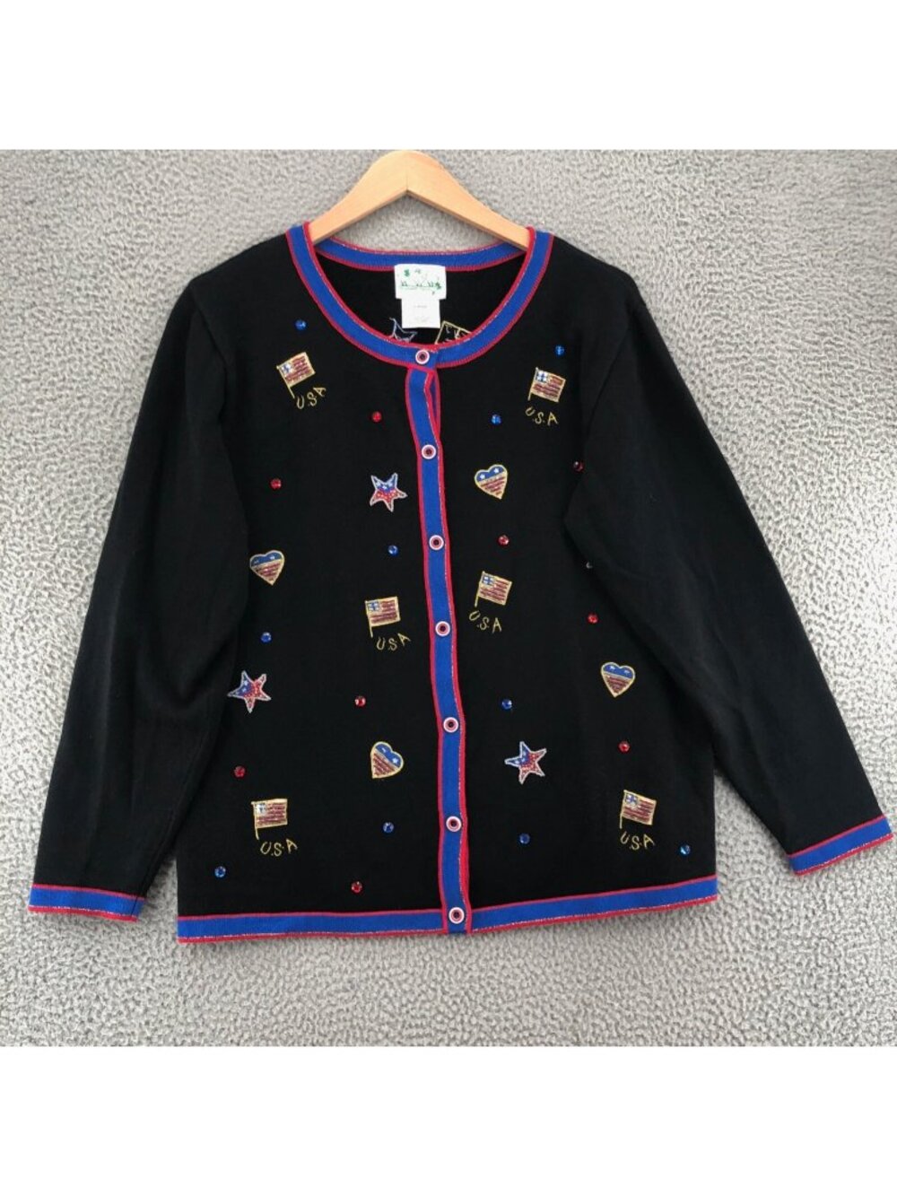 The Quacker Factory Sweater Womens L Black VTG Cardigan Patriotic Ramie Blend